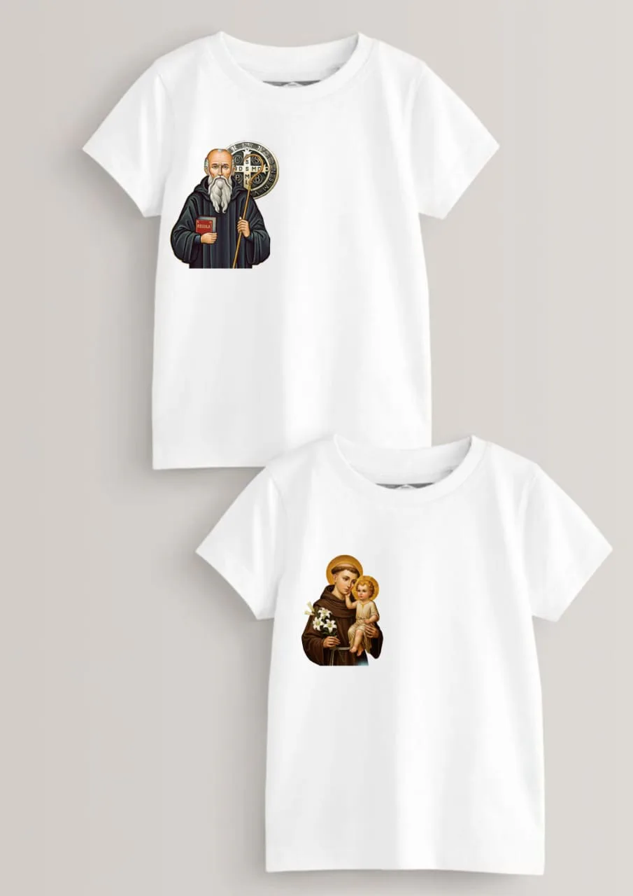 Tee-shirts religieux illustrés de saint Benoît et de saint Antoine