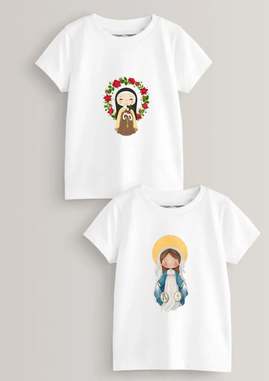 Tee-shirts religieux pour enfants illustrés de sainte Thérèse et de la Vierge Marie